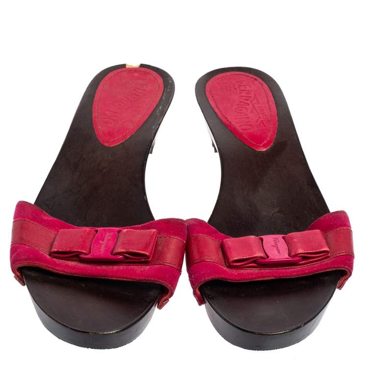 Pre Owned Salvatore Ferragamo Magenta Suede and Leather Vara Bow Slide Sandals Size 36