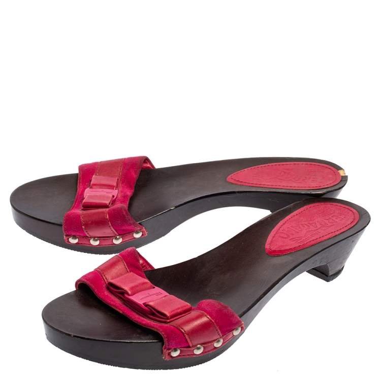 Pre Owned Salvatore Ferragamo Magenta Suede and Leather Vara Bow Slide Sandals Size 36