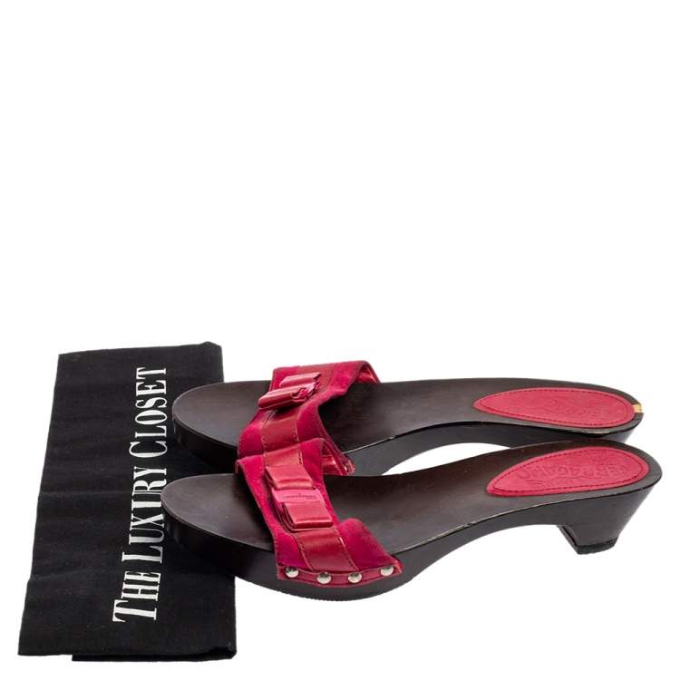 Pre Owned Salvatore Ferragamo Magenta Suede and Leather Vara Bow Slide Sandals Size 36