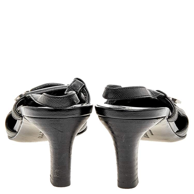 Pre Owned Salvatore Ferragamo Black Saffiano Leather Buckle Detail Slingback Sandals Size 36.5