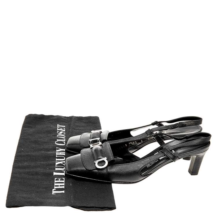 Pre Owned Salvatore Ferragamo Black Saffiano Leather Buckle Detail Slingback Sandals Size 36.5