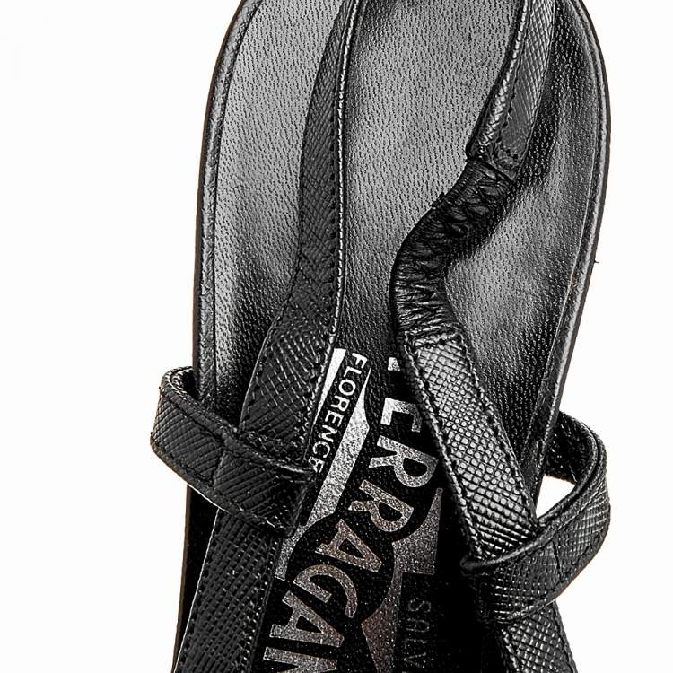 Pre Owned Salvatore Ferragamo Black Saffiano Leather Buckle Detail Slingback Sandals Size 36.5