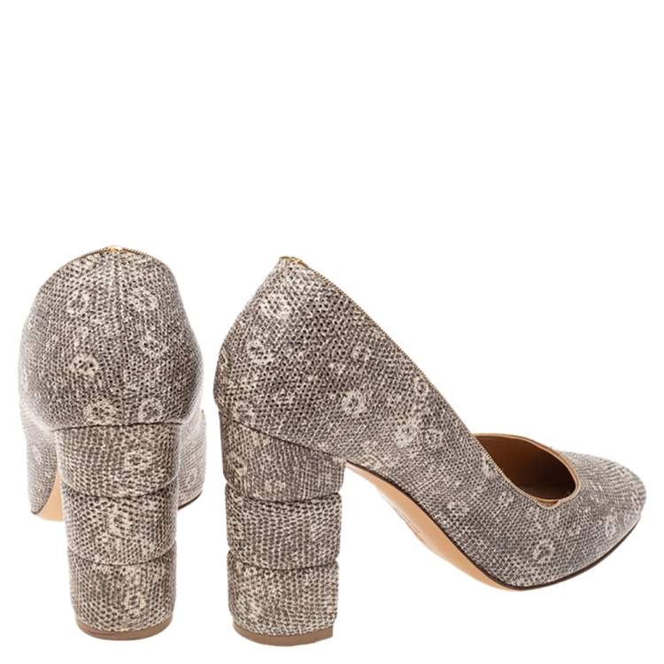 Pre Owned Salvatore Ferragamo Two Tone Lizard Embossed Leather Block Heel Pumps Size 38.5