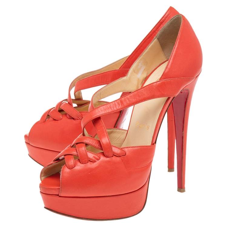 Pre Owned Christian Louboutin Orange Leather Platform Sandals Size 38 