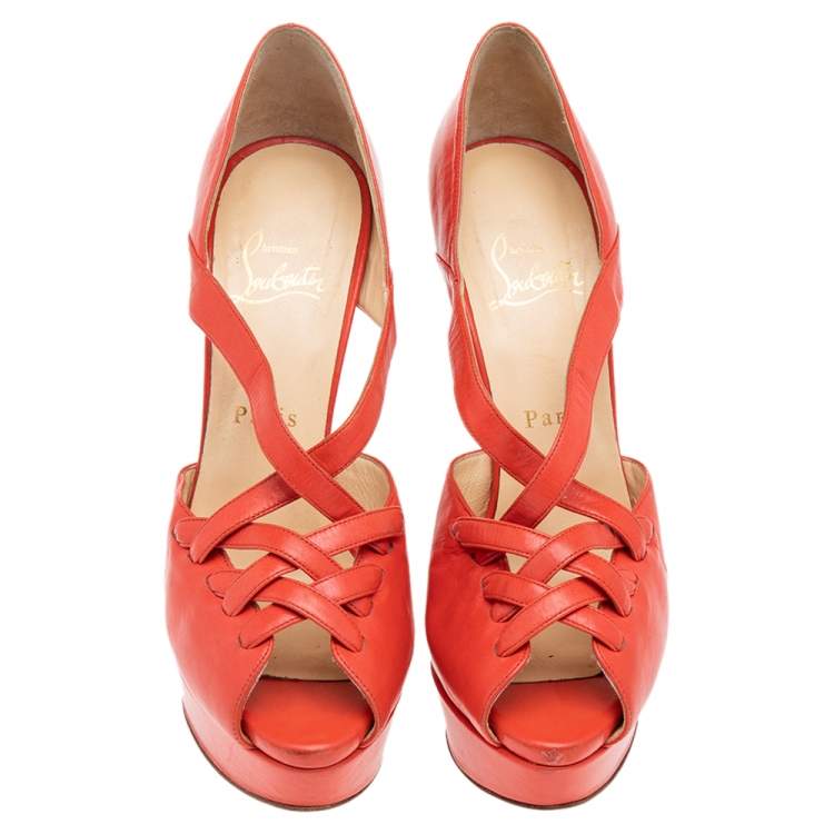 Pre Owned Christian Louboutin Orange Leather Platform Sandals Size 38 