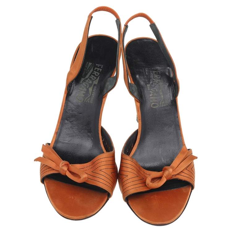 Pre Owned Salvatore Ferragamo Orange Satin Bow Sandals Size 40