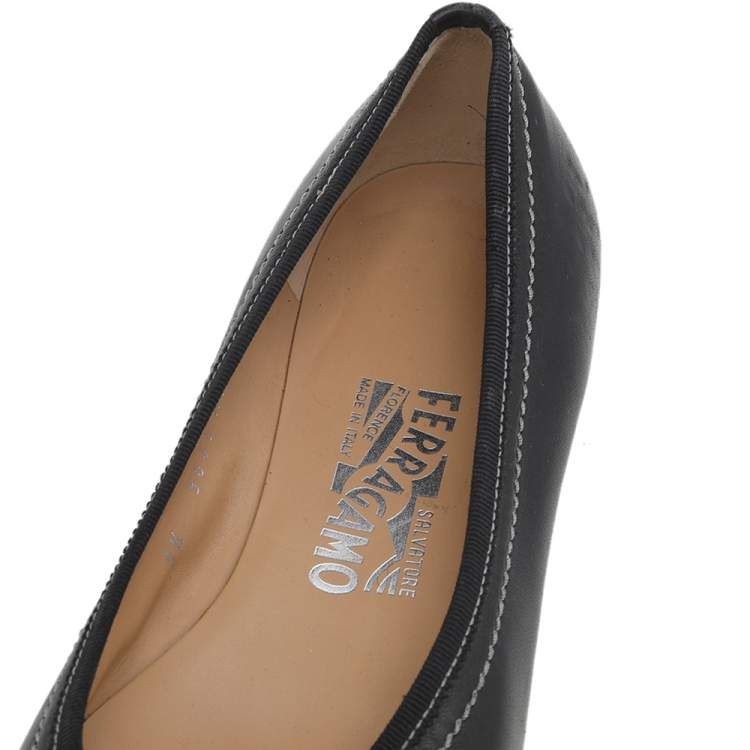 Pre Owned Salvatore Ferragamo Black Leather Bow Detail Ballet Flats Size 38.5 