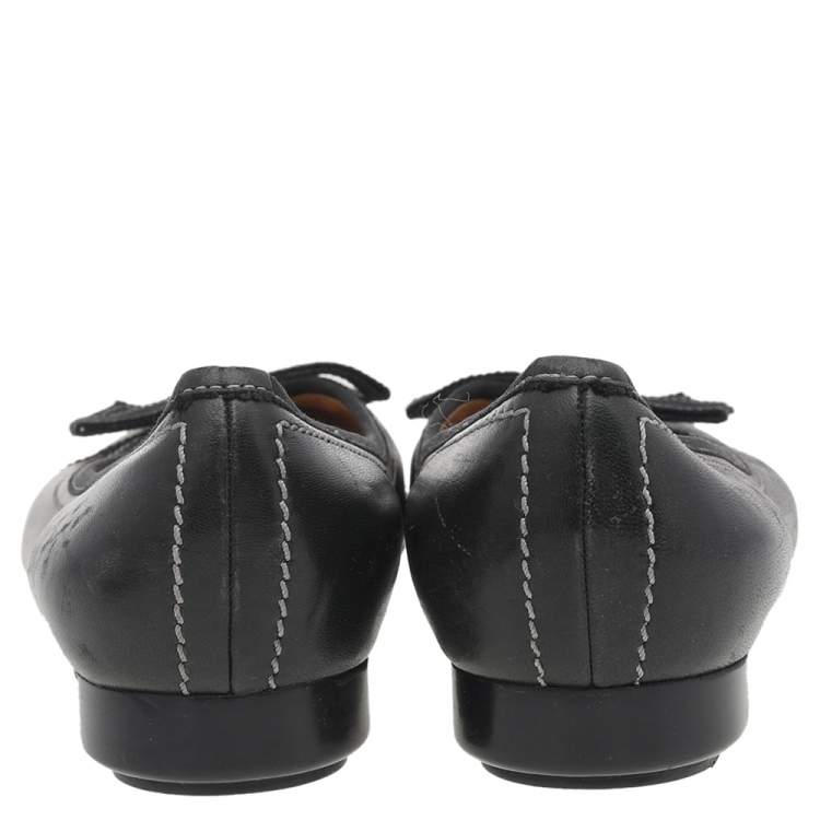 Pre Owned Salvatore Ferragamo Black Leather Bow Detail Ballet Flats Size 38.5 