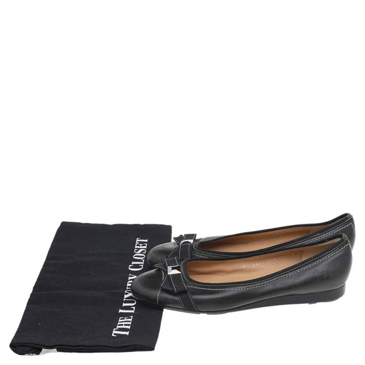 Pre Owned Salvatore Ferragamo Black Leather Bow Detail Ballet Flats Size 38.5 