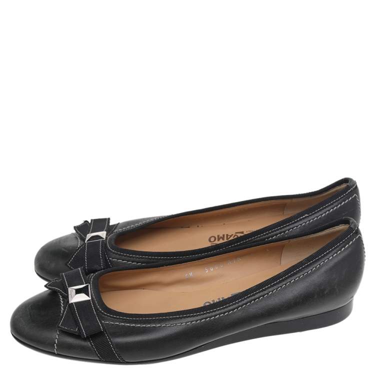 Pre Owned Salvatore Ferragamo Black Leather Bow Detail Ballet Flats Size 38.5 