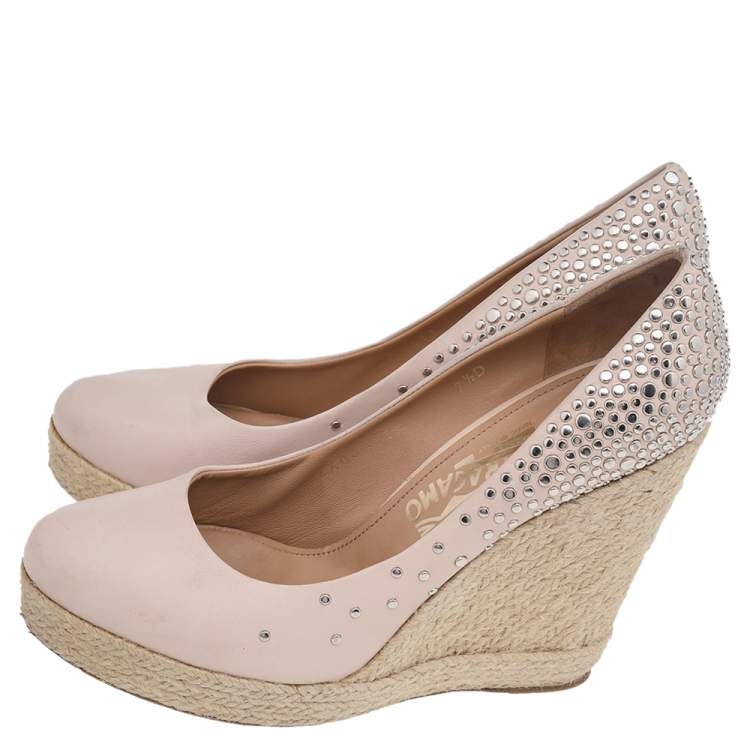 Pre Owned Salvatore Ferragamo Beige Embellished Leather Wedge Espadrille Pumps Size 38
