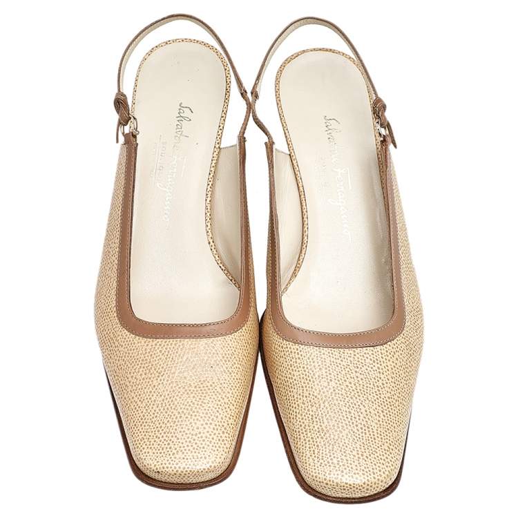 مملوكة مسبقًا Salvatore Ferragamo Beige Leather Square Toe Slingback Block Heel Pumps Size 38.5