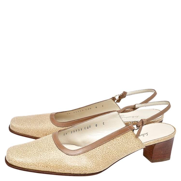 مملوكة مسبقًا Salvatore Ferragamo Beige Leather Square Toe Slingback Block Heel Pumps Size 38.5