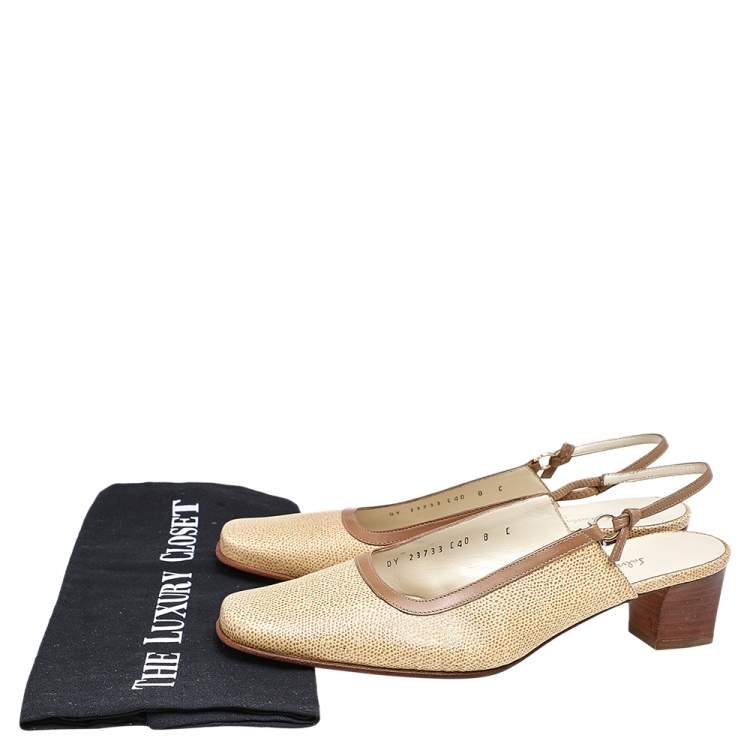 مملوكة مسبقًا Salvatore Ferragamo Beige Leather Square Toe Slingback Block Heel Pumps Size 38.5