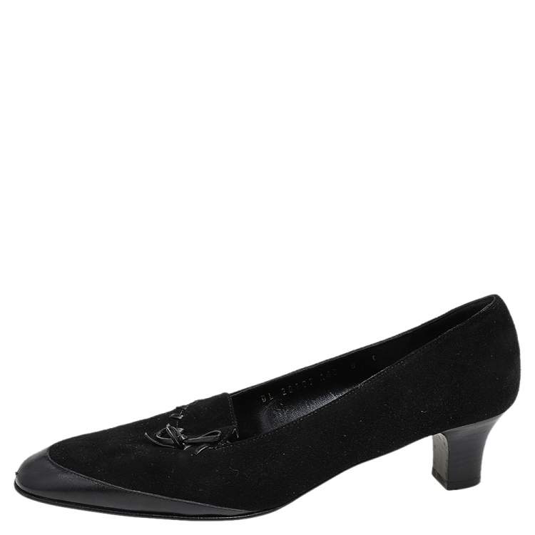 Pre Owned Salvatore Ferragamo Black Leather And Suede Bow Pumps Size 38.5
