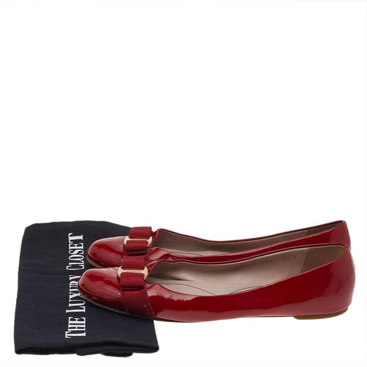 Pre Owned Salvatore Ferragamo Red Patent Leather Vara Bow Ballet Flats Size 40