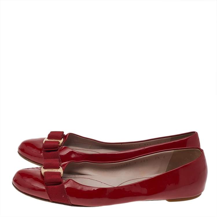 Pre Owned Salvatore Ferragamo Red Patent Leather Vara Bow Ballet Flats Size 40