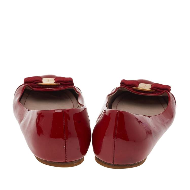 Pre Owned Salvatore Ferragamo Red Patent Leather Vara Bow Ballet Flats Size 40