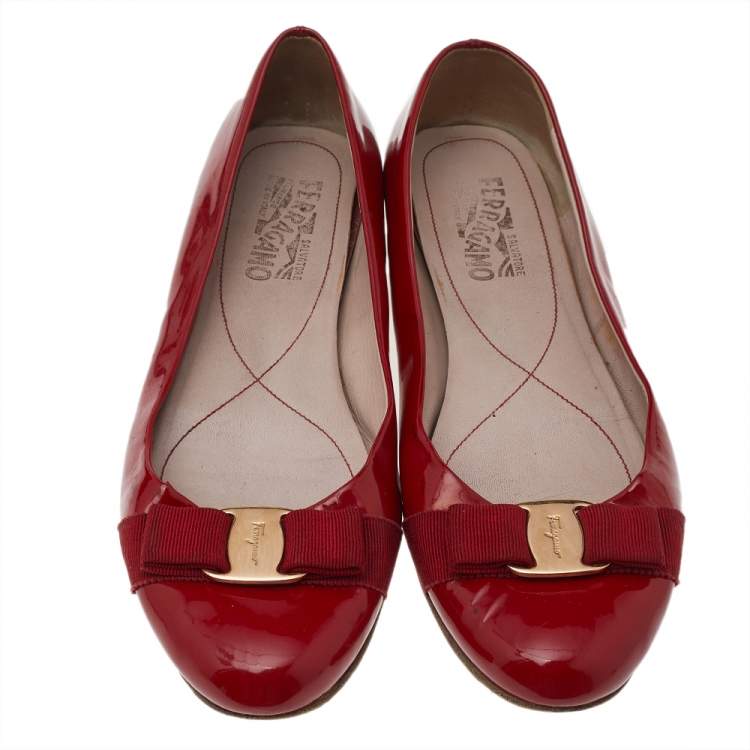 Pre Owned Salvatore Ferragamo Red Patent Leather Vara Bow Ballet Flats Size 40