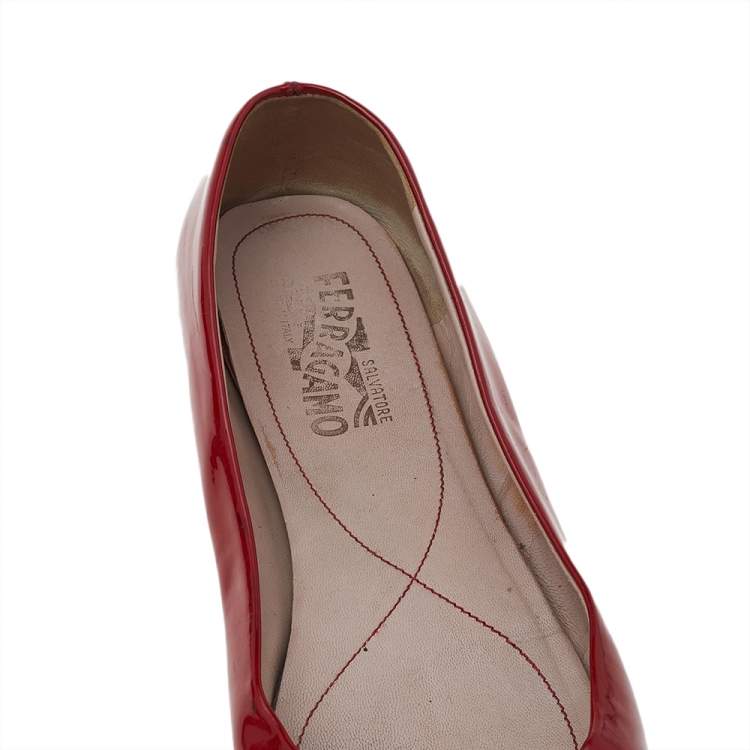 Pre Owned Salvatore Ferragamo Red Patent Leather Vara Bow Ballet Flats Size 40