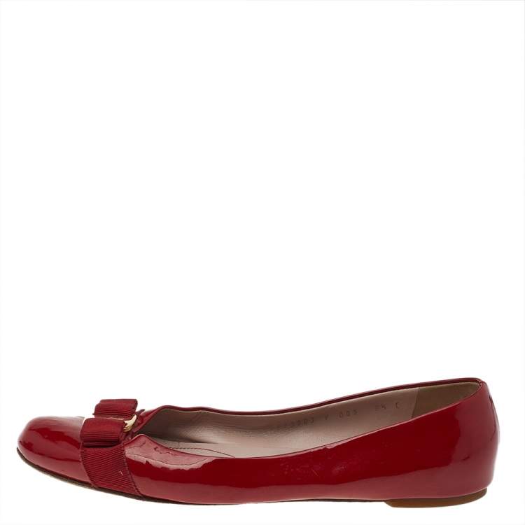 Pre Owned Salvatore Ferragamo Red Patent Leather Vara Bow Ballet Flats Size 40