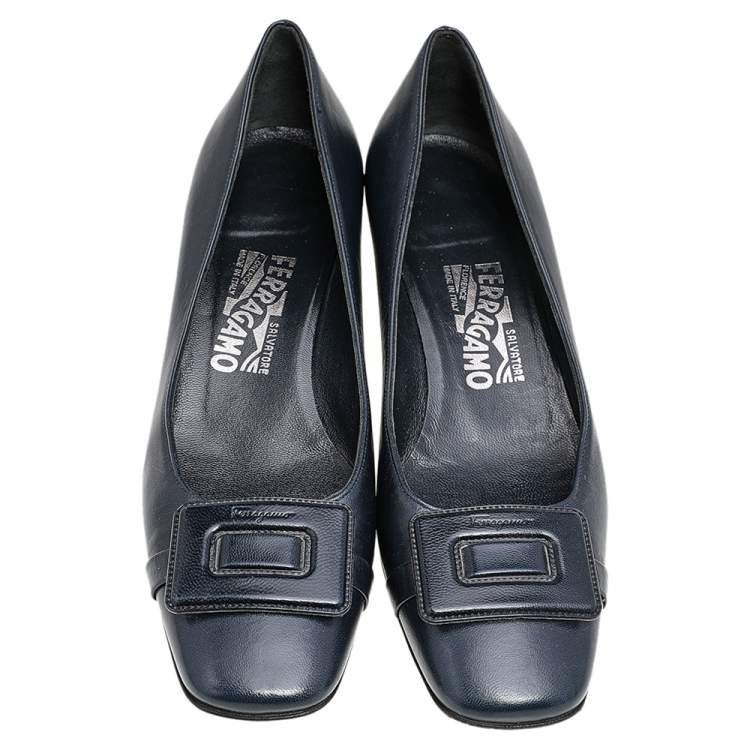 Pre Owned Salvatore Ferragamo Dark Blue Leather Block Heel Pumps Size 38.5