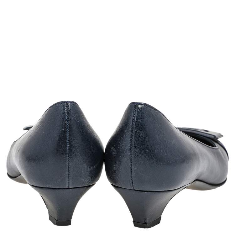 Pre Owned Salvatore Ferragamo Dark Blue Leather Block Heel Pumps Size 38.5