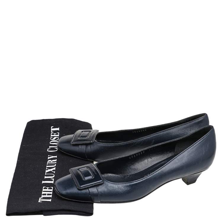 Pre Owned Salvatore Ferragamo Dark Blue Leather Block Heel Pumps Size 38.5