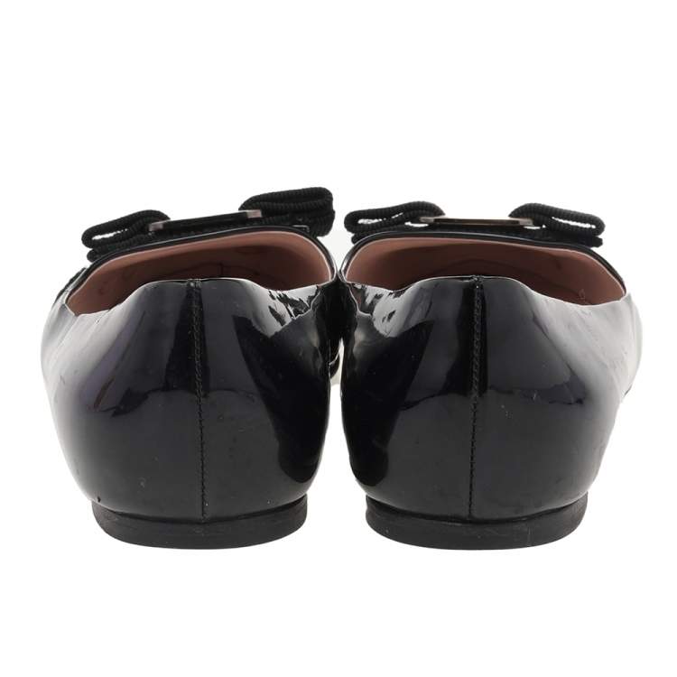 Pre Owned Salvatore Ferragamo Black Patent Leather Vara Bow Ballet Flats Size 36