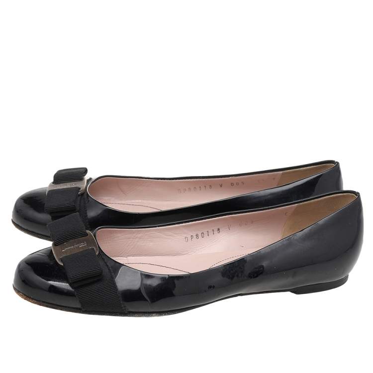 Pre Owned Salvatore Ferragamo Black Patent Leather Vara Bow Ballet Flats Size 36
