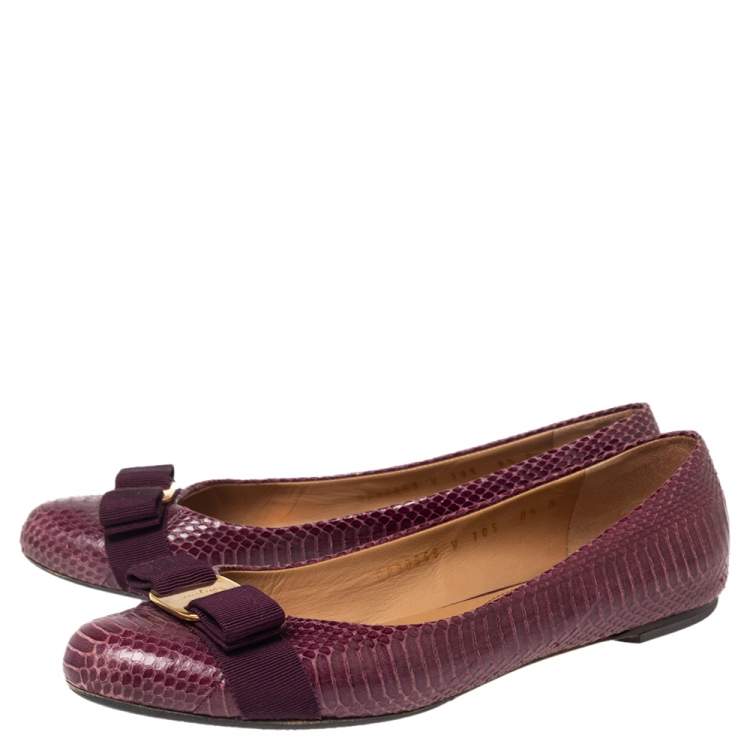 Pre Owned Salvatore Ferragamo Burgundy Python Leather Vara Bow Ballet Flats Size 39