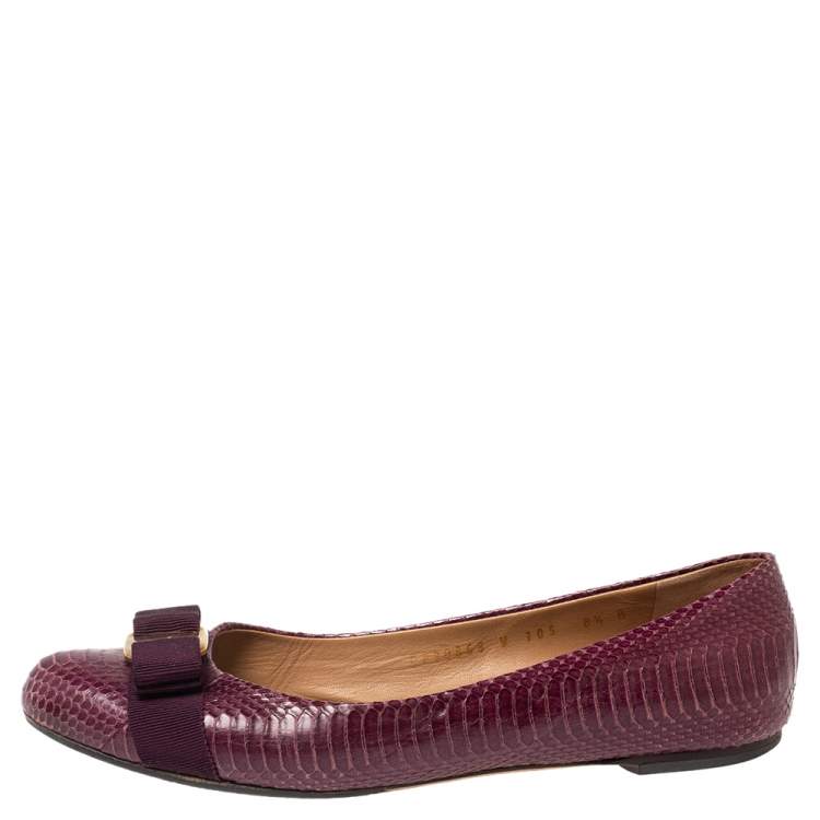 Pre Owned Salvatore Ferragamo Burgundy Python Leather Vara Bow Ballet Flats Size 39