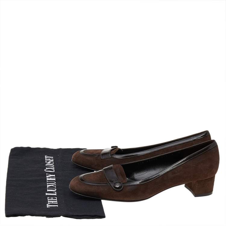 Pre Owned Salvatore Ferragamo Dark Brown Suede And Patent Leather Block Heel Pumps Size 38.5