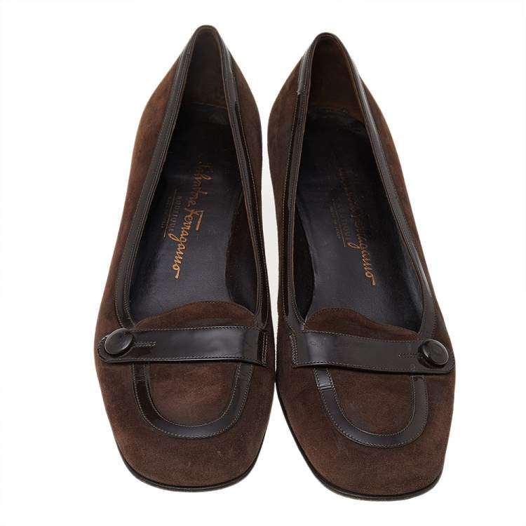 Pre Owned Salvatore Ferragamo Dark Brown Suede And Patent Leather Block Heel Pumps Size 38.5