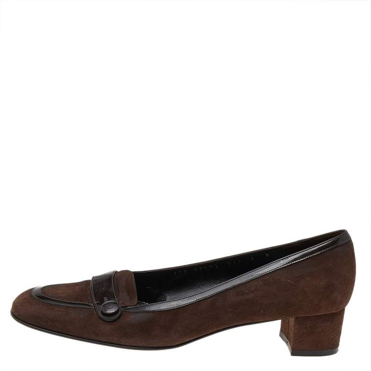 Pre Owned Salvatore Ferragamo Dark Brown Suede And Patent Leather Block Heel Pumps Size 38.5