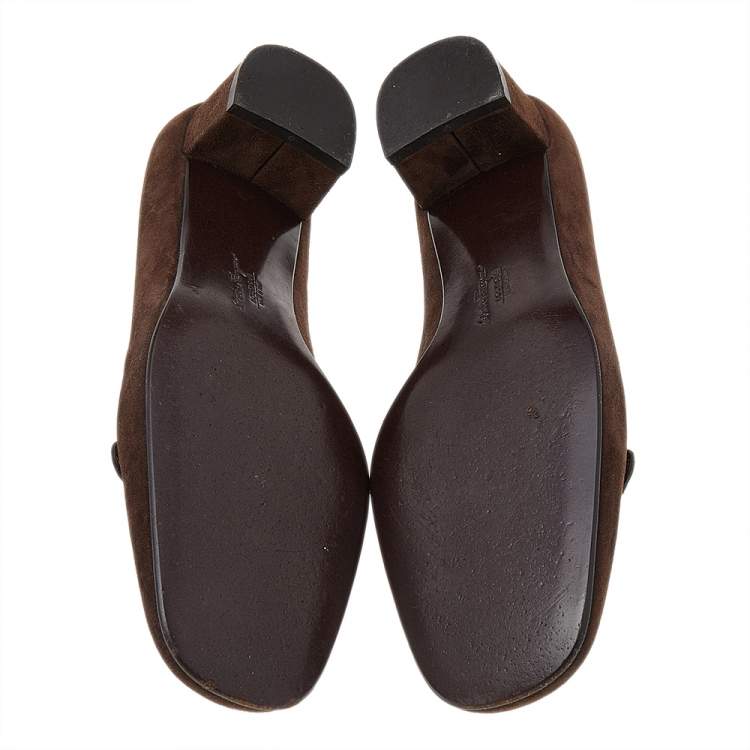 Pre Owned Salvatore Ferragamo Dark Brown Suede And Patent Leather Block Heel Pumps Size 38.5