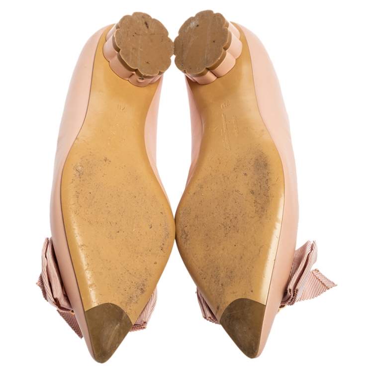 Pre Owned Salvatore Ferragamo Light Pink Leather Bow Ballet Flats Size 37.5