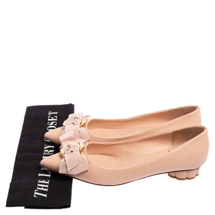 Pre Owned Salvatore Ferragamo Light Pink Leather Bow Ballet Flats Size 37.5