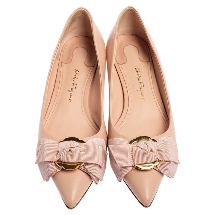 Pre Owned Salvatore Ferragamo Light Pink Leather Bow Ballet Flats Size 37.5