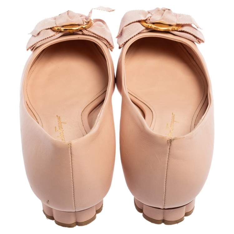 Pre Owned Salvatore Ferragamo Light Pink Leather Bow Ballet Flats Size 37.5