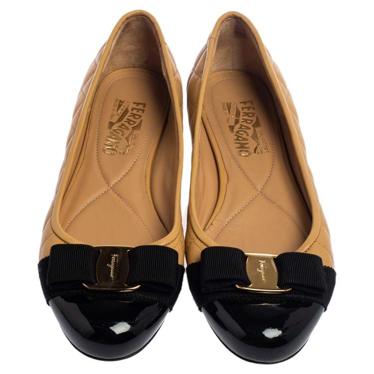 Pre Owned Salvatore Ferragamo Beige Quilted Leather Vara Bow Ballet Flats Size 37.5