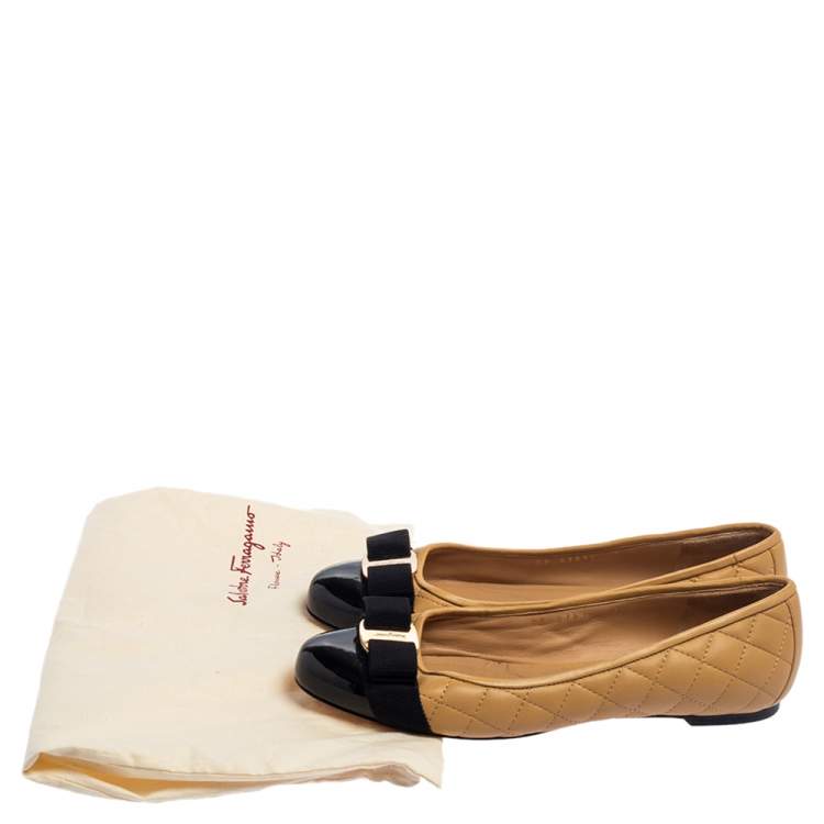 Pre Owned Salvatore Ferragamo Beige Quilted Leather Vara Bow Ballet Flats Size 37.5