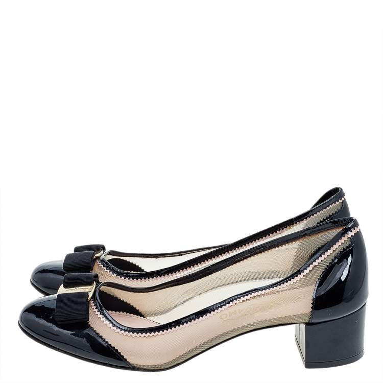 Pre Owned Salvatore Ferragamo Black Patent Leather And Mesh Vara Bow Block Heel Pumps Size 40.5