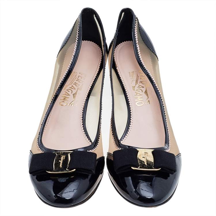 Pre Owned Salvatore Ferragamo Black Patent Leather And Mesh Vara Bow Block Heel Pumps Size 40.5