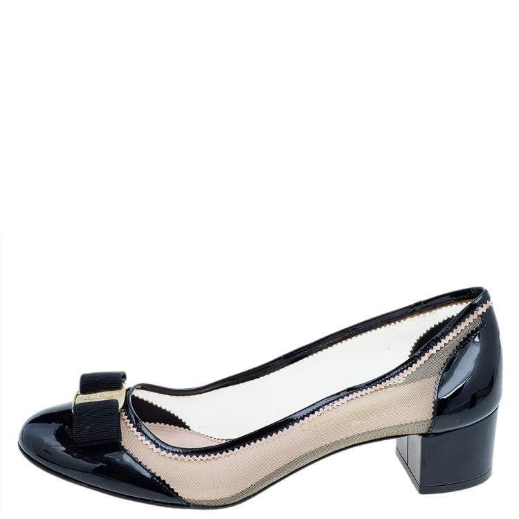 Salvatore Ferragamo Black Patent Leather Block Heel Pumps Size