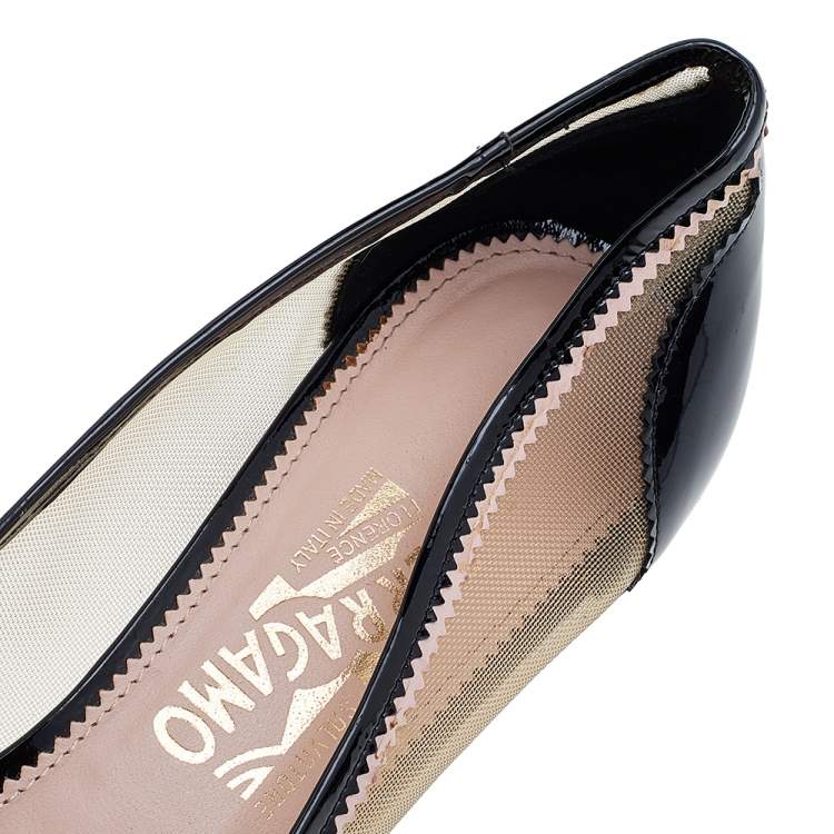 Pre Owned Salvatore Ferragamo Black Patent Leather And Mesh Vara Bow Block Heel Pumps Size 40.5