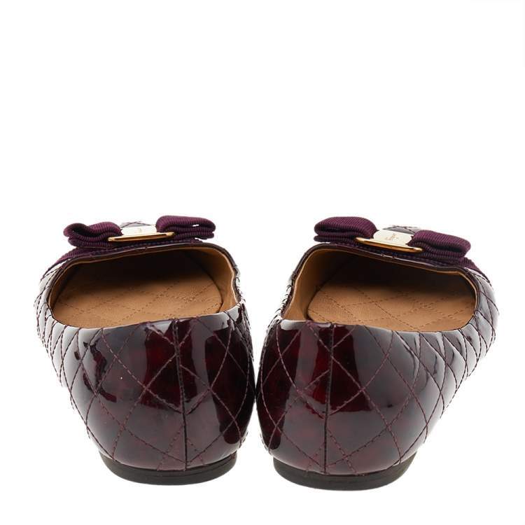 Pre Owned Salvatore Ferragamo Purple Quilted Patent Leather Vara Bow Ballet Flats Size 39