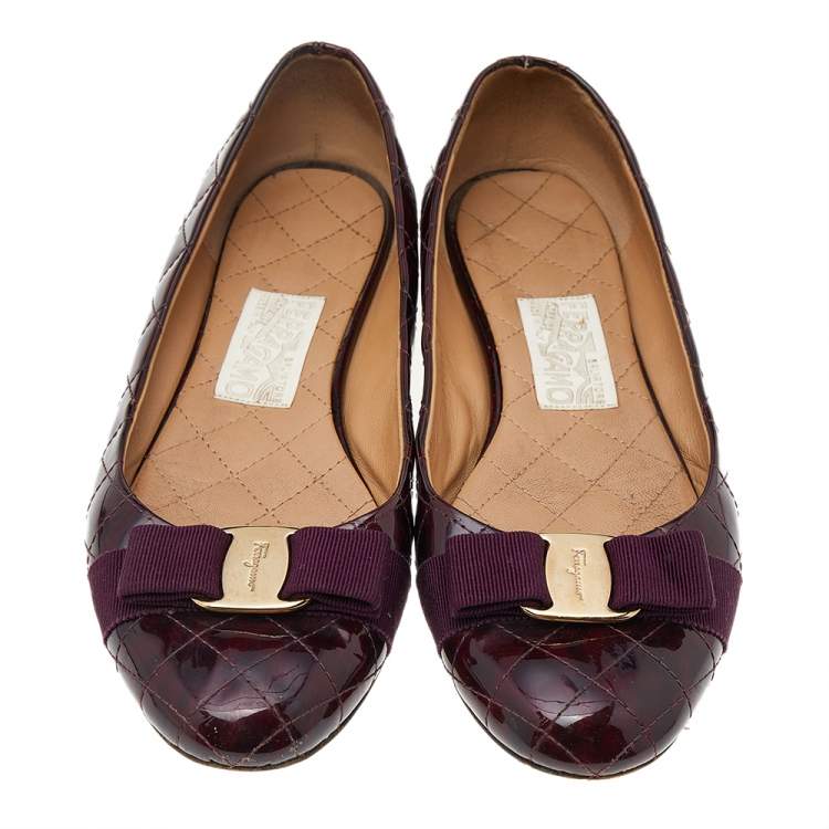 Pre Owned Salvatore Ferragamo Purple Quilted Patent Leather Vara Bow Ballet Flats Size 39