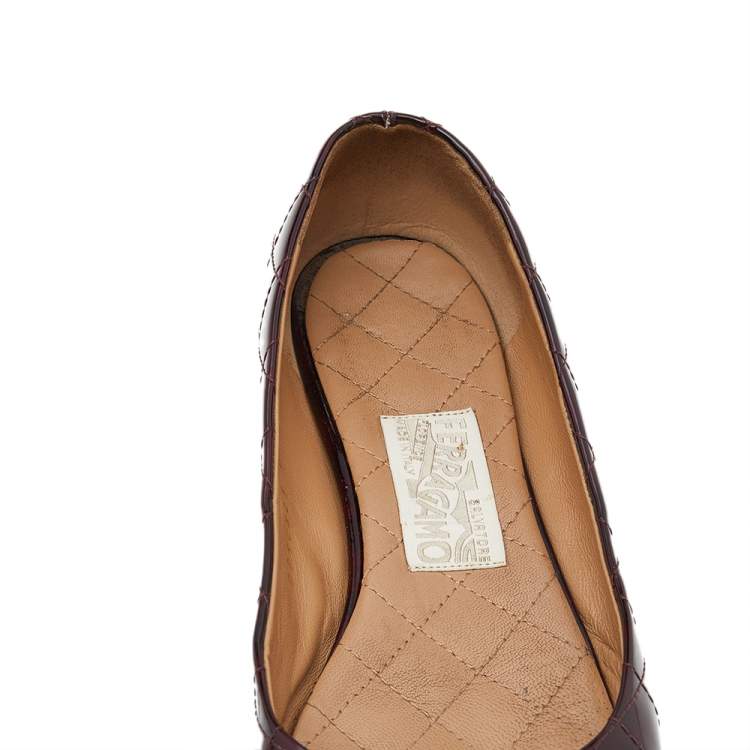 Pre Owned Salvatore Ferragamo Purple Quilted Patent Leather Vara Bow Ballet Flats Size 39