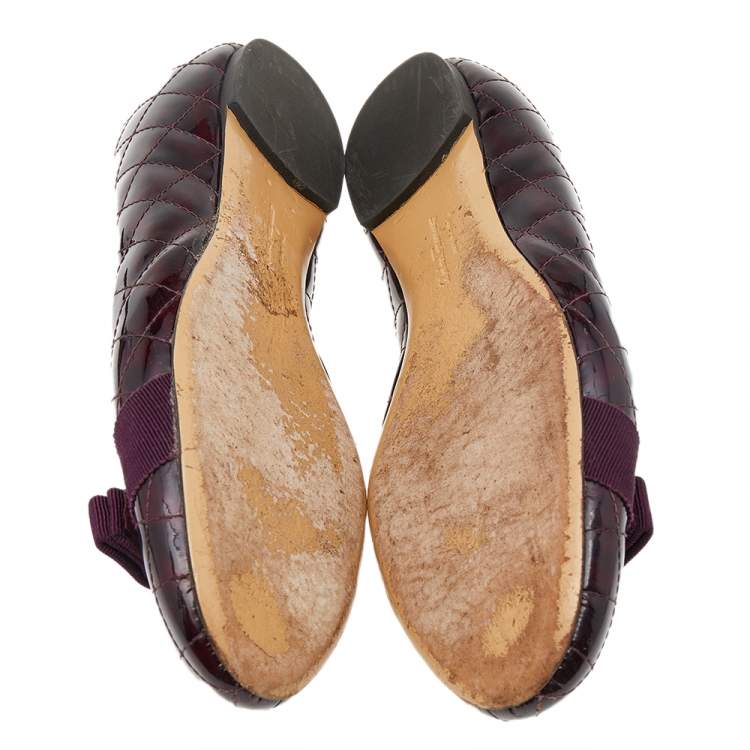 Pre Owned Salvatore Ferragamo Purple Quilted Patent Leather Vara Bow Ballet Flats Size 39